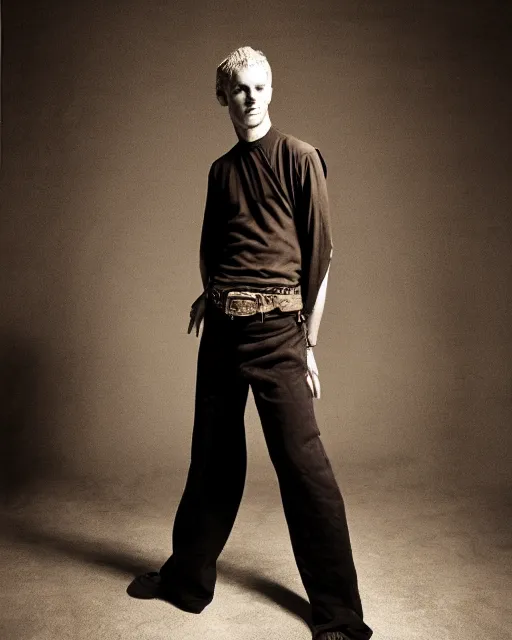 Image similar to an award - winning photo of an ancient male model wearing a plain boot cut flared distressed medieval designer menswear trousers designed by alexander mcqueen, 4 k, studio lighting, wide angle lens, 2 0 0 4