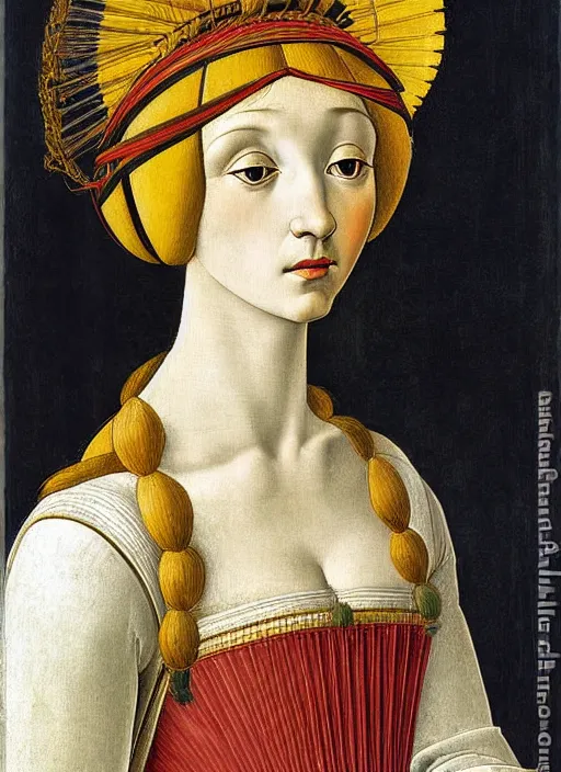 Prompt: portrait of young woman in renaissance dress and high headdress, art by sandro botticelli