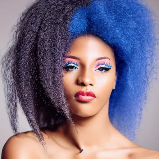 Prompt: a realistic model photoshoot of a black girl with blue afro hair, beautiful, model, professional picture, realistic, 4 k, bright light, portrait