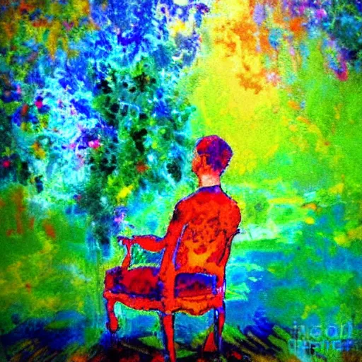 Prompt: god sits upon his throne and watches his creation, vibrant impressionist style painting