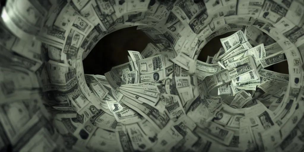 Image similar to a film still of cash money floating in a vault, shallow depth of field, cinematic, award winning cgi, vfx, film still