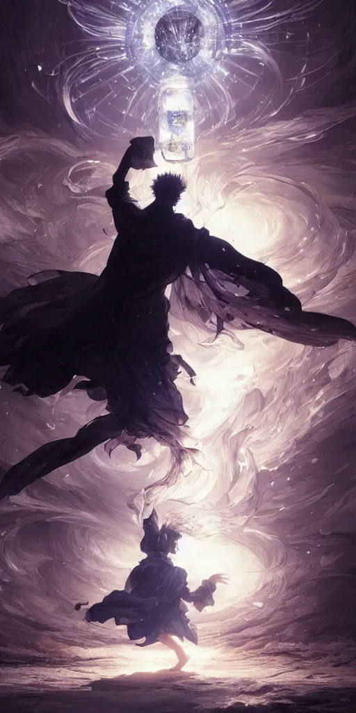 Image similar to highly detailed portrait of the sandman is summoned from the magic array ， magic effect, in the dream world ， by greg rutkowski and fujimoto tatsuki, dramatic lighting, dynamic pose, dynamic perspective