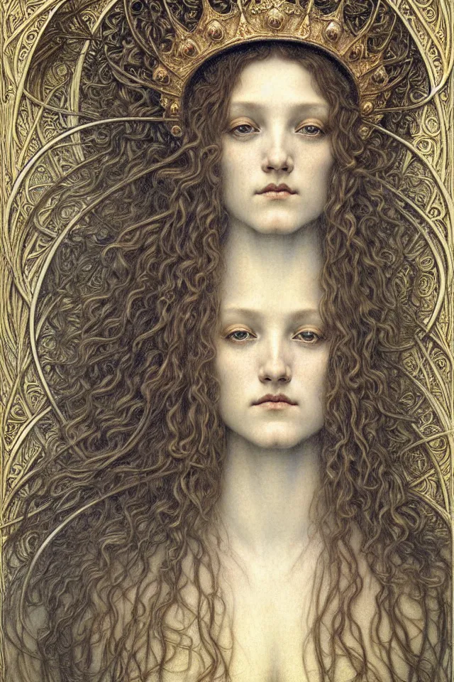 Image similar to detailed realistic beautiful young medieval queen face portrait by jean delville, gustave dore and marco mazzoni, art nouveau, symbolist, visionary, gothic, pre - raphaelite. horizontal symmetry