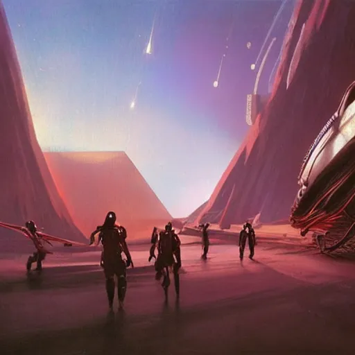 Image similar to group of nomads travelling on an alien world, cinematic lighting, science - fiction, detailed, matte painting, syd mead, john harris,