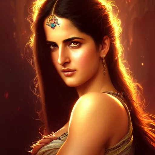 Image similar to beautiful young katrina kaif, closeup, d & d, fantasy, intricate, elegant, highly detailed, digital painting, artstation, concept art, matte, sharp focus, illustration, art by artgerm and greg rutkowski and alphonse mucha