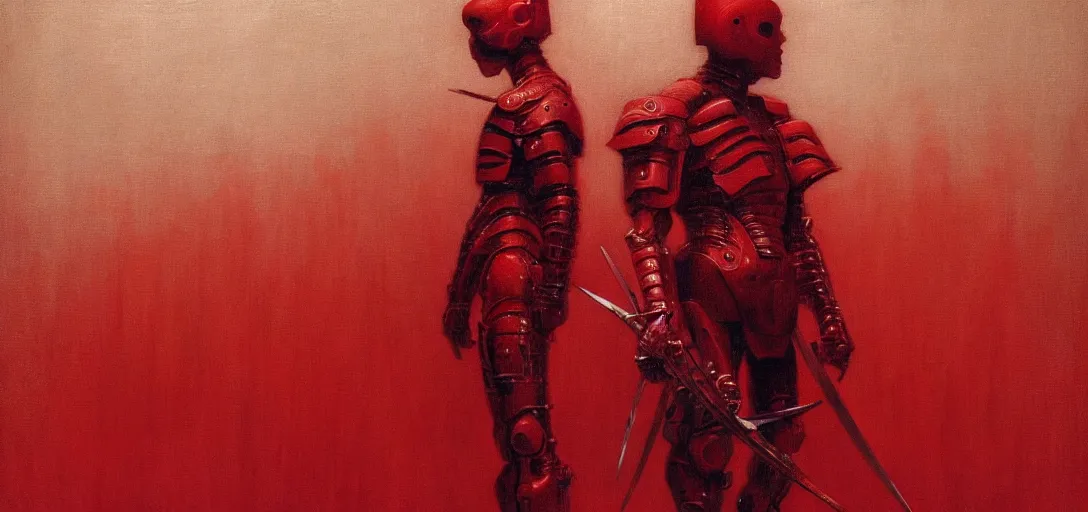 Image similar to only with red, a white samurai cyborg, tokio, a lot of swords, in the style of beksinski, parts by edward hopper, parts by rodcenko, parts by yue minjun, intricate and epic composition, red by caravaggio, insanely quality, highly detailed, masterpiece, red light, artstation, 4 k