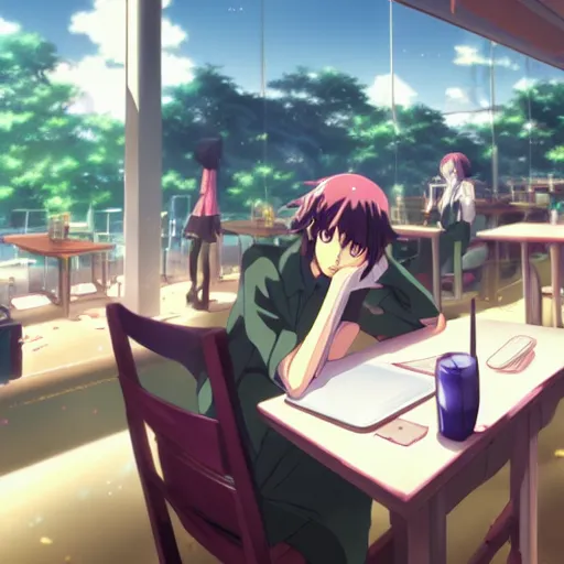 Image similar to makoto shinkai anime art, crowded cafe, typing on laptop, touhou project