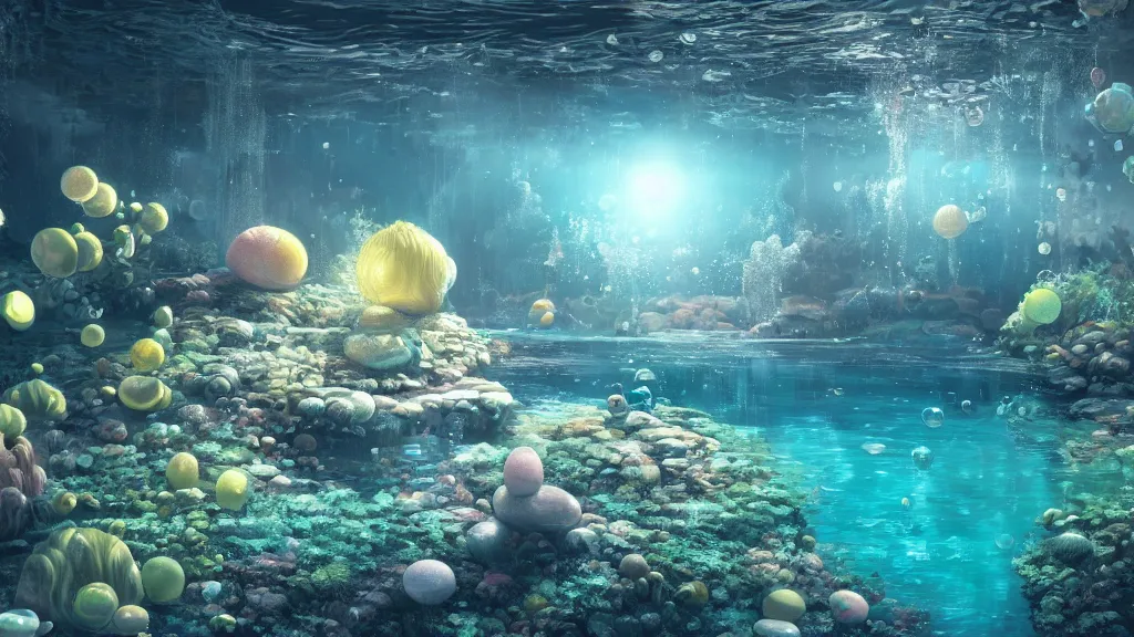 Image similar to ultra realist and ultra intricate detailed soft painting of an underwater environment, trasnslucid eggs, bubbles, elegant, reflections, focus, award winning, trending in cgsociety artstation deviant art, octane render, by Beeple