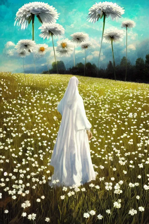 Prompt: giant white daisy flowers as face, girl with veil walking in a flower field, surreal photography, sunrise, dramatic light, impressionist painting, colorful clouds, digital painting, artstation, simon stalenhag