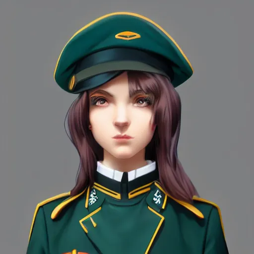Prompt: portrait bust of young woman with long light brown hair and hazel eyes dressed in a sharp dark teal military uniform with beret, smiling, ilya kuvshinov, anime, ross tran, concept art, digital art, painting