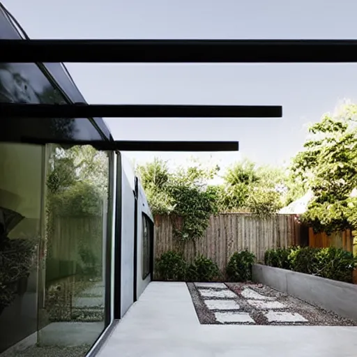 Image similar to small elongated concrete backyard, modern style.