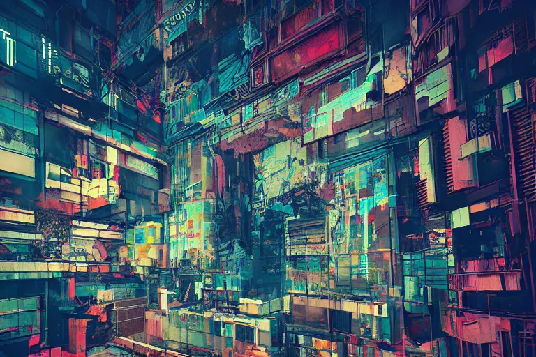 Image similar to fragmented architecture collage by atelier olschinsky, cyberpunk, (high contrast), ((oversaturated)), grafitti paint, bokeh, dof, unreal engine