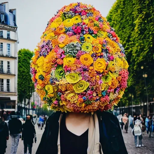 Image similar to giant flower head, woman walking in paris, surreal photography, symmetry, flat space, fanciful, stark colours, detailed, wes anderson