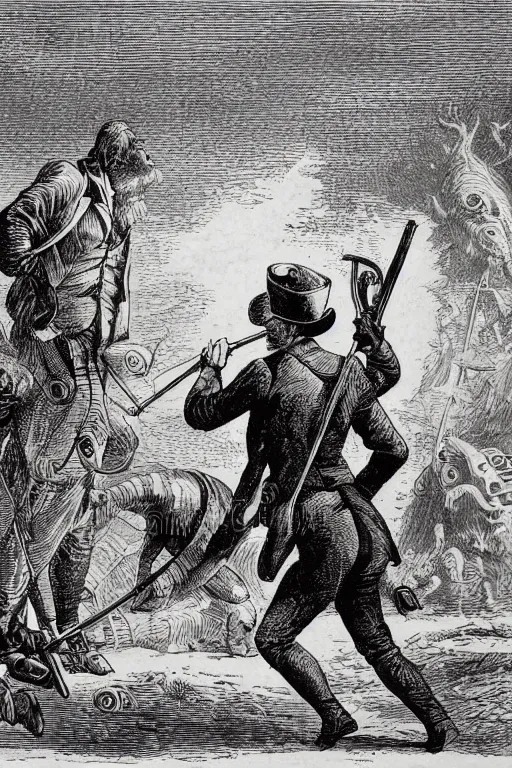 Prompt: 19th century wood-engraving of a British man point a musket at the back standing with his back turned to the viewer, mammoth running away in the background, whole page illustration from Jules Verne book, art by Édouard Riou Jules Férat and Henri de Montaut, high quality, beautiful, removed watermarks