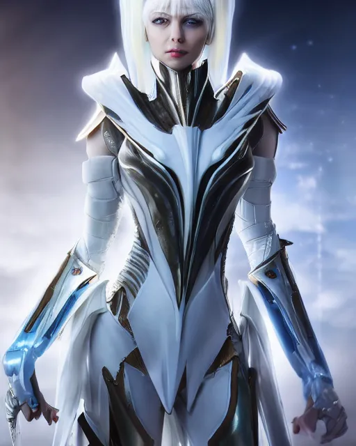 Image similar to perfect white haired attractive egyptian goddess, warframe armor, beautiful, symmetric, dreamy, half asian, pretty face, blue eyes, charlize theron, detailed, scifi platform, laboratory, experiment, 4 k, ultra realistic, epic lighting, android body, illuminated, cinematic, masterpiece, art by akihito tsukushi, voidstar