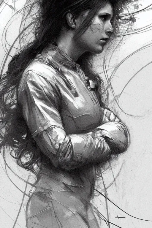 Image similar to portrait pencil sketch of female astronaut by jeremy mann and alphonse mucha, fantasy art, realistic drawing, dynamic lighting, artstation, poster, volumetric lighting, very detailed faces, 4 k, award winning