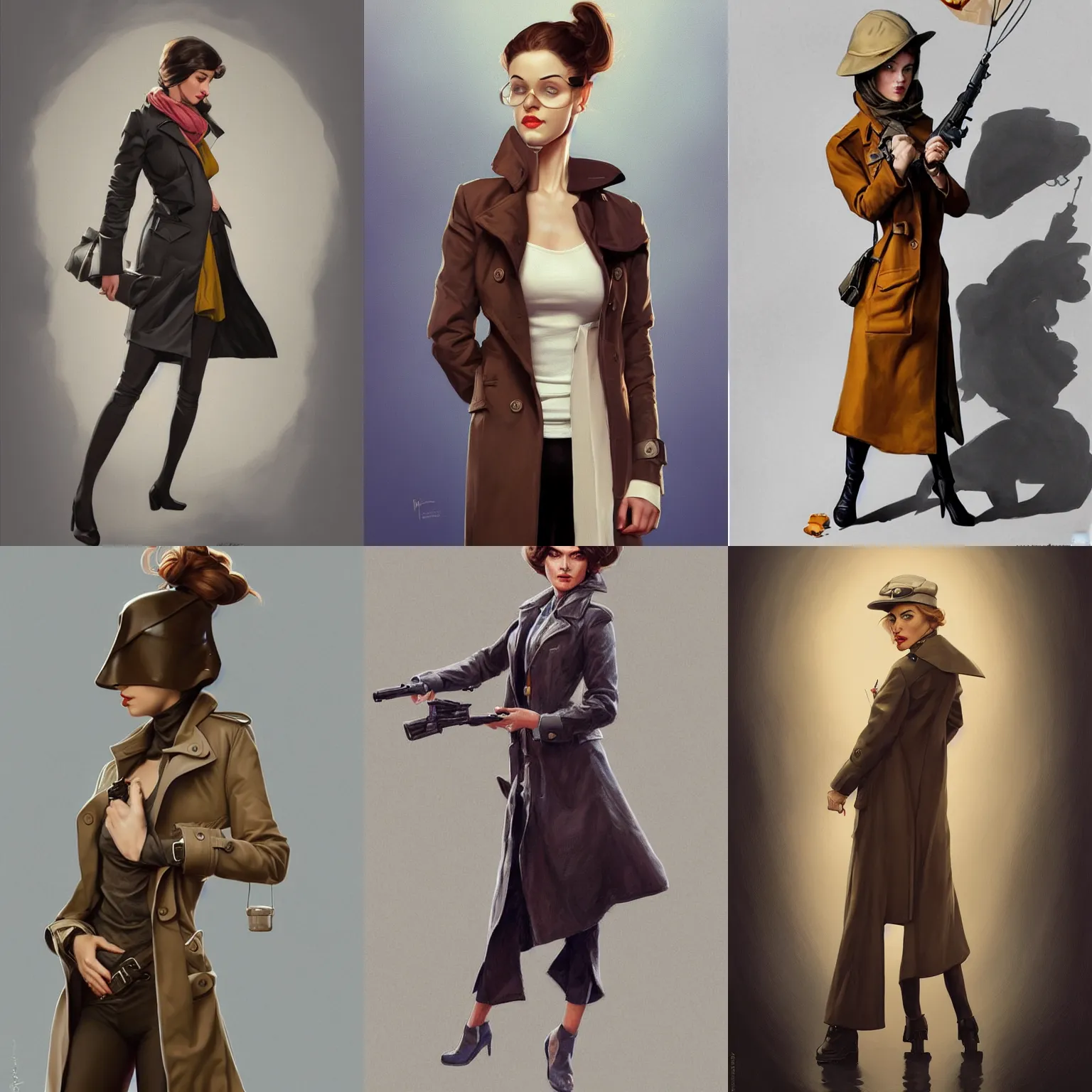 Prompt: cute female spy wearing a very stylish trenchcoat on white background, intricate, highly detailed, digital painting, artstation, concept art, smooth, sharp focus, illustration, art by norman rockwell emiliano ponzi andrey remnev yoann lossel aaron jasinski, 8 k