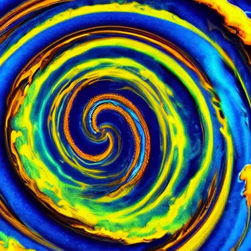Prompt: an inward twisting spiral descending rapidly into chaos and entropy, extreme detail, gorgeous colors