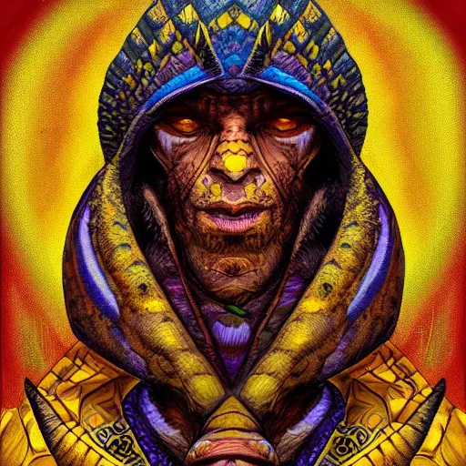 Prompt: portrait of yellow lizard priest, shaman, cult attire, antropomorphic, fantasy digital art, art station