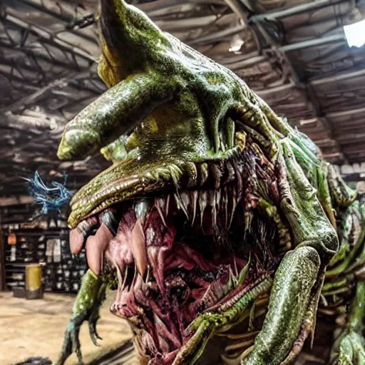 Prompt: photo taken of an epic intricate, ultra detailed, super realistic gritty, hero prop, exquisitely painted animatronic movie prop of a grotesque wet, slimy nightmarish hellish alien creature displayed in the workshop, created by weta workshop, full body shot, photorealistic, sharp focus