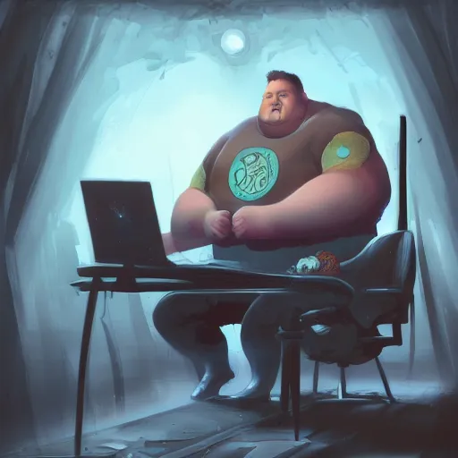 Image similar to a insanely detailed painting of a slightly overweight man wearing a homemade superhero costumed, sitting at a computer desk, nervously and clicking on the mouse, in the style of peter mohrbacher, dramatic lighting and composition, trending on artstation, concept art, comic book, graphic novel