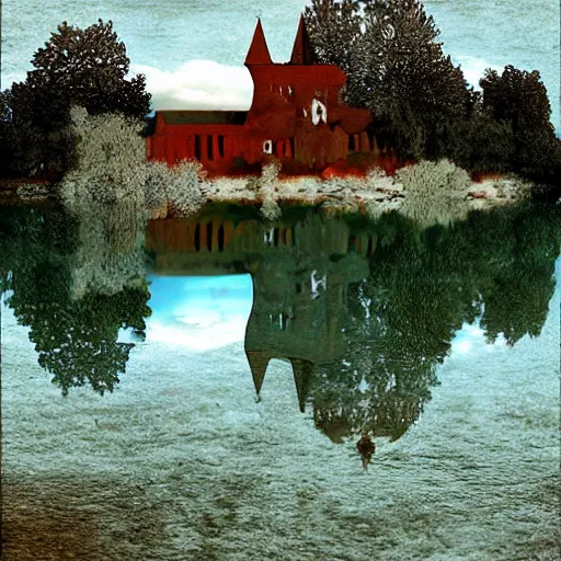 Prompt: monastery in an ash lake, digital art