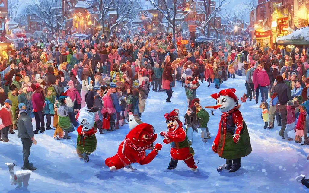 Image similar to winter festival. a mascot dances in the street with the mayor of the town. they are having fun, but the crowd has a strange feeling of remorse, as if they are witnessing something that is morally wrong. highly detailed digital art. trending on artstation