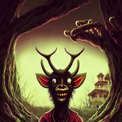 Image similar to a centered chest up portrait of a psychedelic demonic anthropomorphic wendigo smoking a hand - rolled cigarette smoking heavily, magic mushroom village in background. award winning. superb resolution. in the art style of junji ito and greg rutkowski. detailed mushroom city in background. hyper realistic anime. perfect art. dalle 2