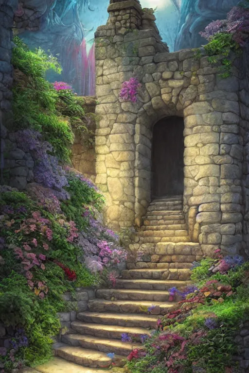 Prompt: matte sharp ainting of stone steps fantasy leading do a fantasy door opening flowers, roots roots along the steps, artstation behance by emilia dziubak, will terry, greg olsen, chris mars, ann long, and mark brooks, lisa frankdramatic, neo classical architecture, colorful