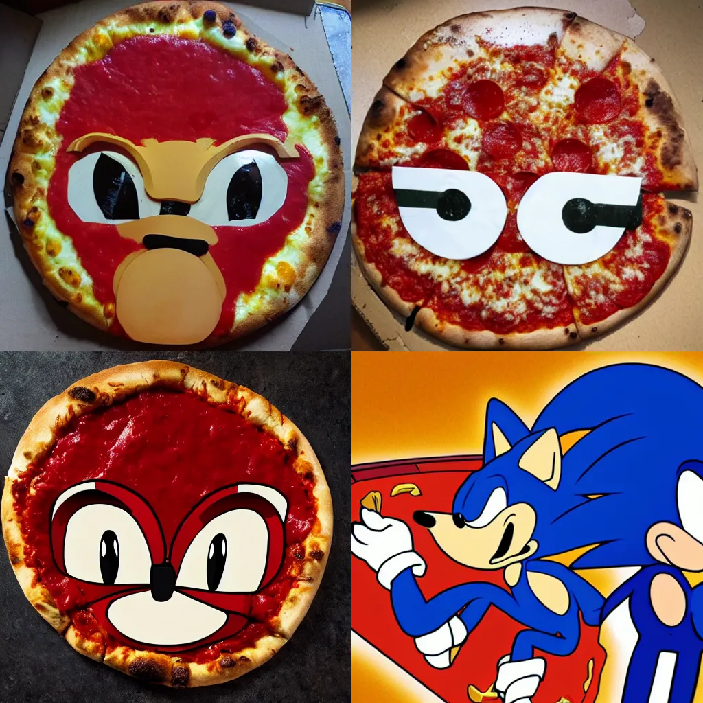 Prompt: a photo of sonic the hedgehog in the shape of a pizza