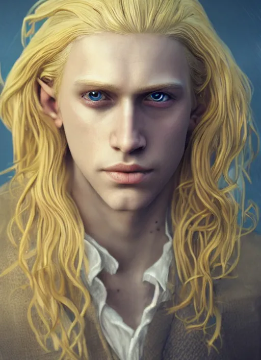 Image similar to An epic fantastic realism comic book style portrait painting of Lucius the most beautiful androgynous blond prince in the universe, long fluffy light golden blond curls of hair, porcelain pale skin, flowers rain everywhere, fisheye lens, Apex Legends Concept Art, porcelain, unreal 5, DAZ, hyperrealistic, octane render, cosplay, RPG portrait, dynamic lighting