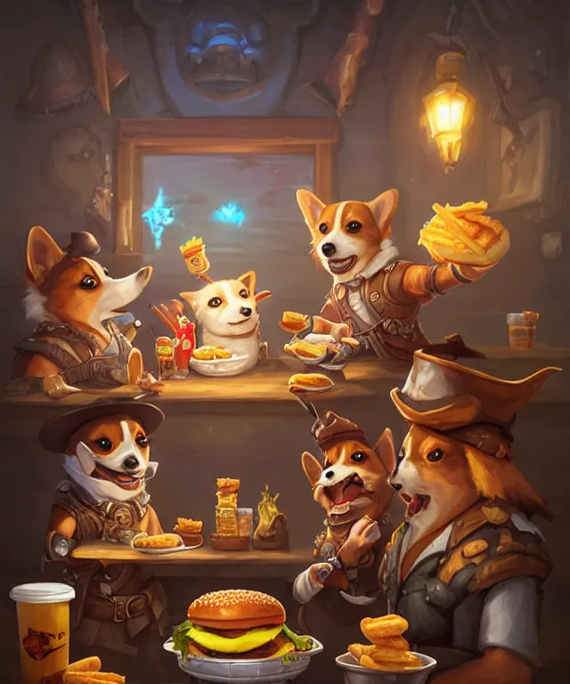 Image similar to a portrait of three anthropomorphic corgi pirates eating hamburgers and fries, restaurant in background, cute and adorable, dnd character art portrait, well rendered matte fantasy painting, deviantart artstation, by jason felix by steve argyle by tyler jacobson by peter mohrbacher, cinematic lighting