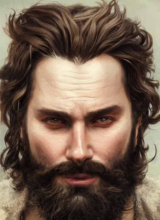 Prompt: close up portrait painting of a bearded rockstar, ultra realistic, concept art, intricate details, serious, highly detailed, photorealistic, octane render, 8 k, unreal engine. art by artgerm and greg rutkowski and alphonse mucha
