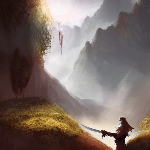 Prompt: a victorious fantasy warrior raising sword in a beautiful valley, dramatic lighting, digital painting, concept art