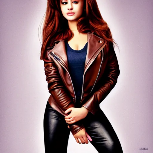 Image similar to young Ariane grande wears a leather jacket and boots, full body shot, sharp focus, photo taken by a nikon, by artgerm