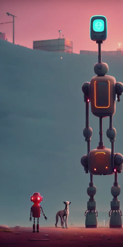 Image similar to tall cute robot with his best dog friend, by Simon Stalenhag, unreal engine, octane render, 8k, rule of thirds