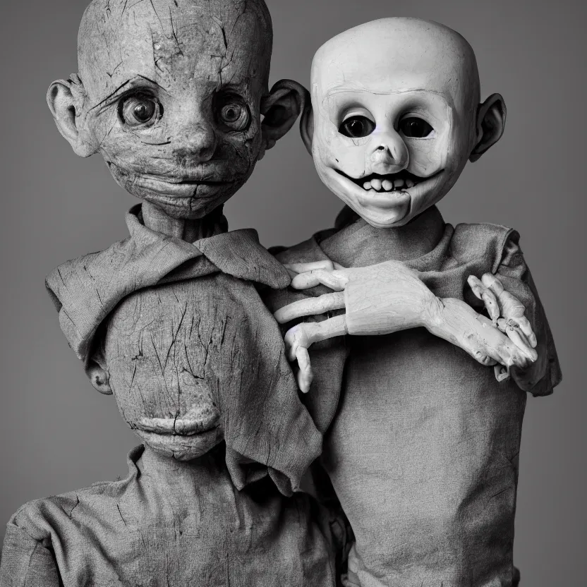 Image similar to creepy ventriloqiest dummy in the style of Roger Ballen, 4k, bw, portrait