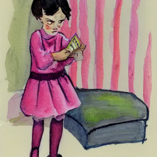 Image similar to a dark haired young girl in a pink dress, shocked expression, hand over mouth, 1990s bedroom, children's book illustration, watercolor, line drawing