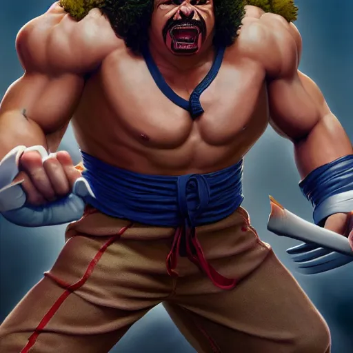 Prompt: danny mcbride as e. honda street fighter, battle stance, ultra realistic, concept art, intricate details, highly detailed, photorealistic, octane render, 8 k, unreal engine, art by frank frazetta, simon bisley, brom