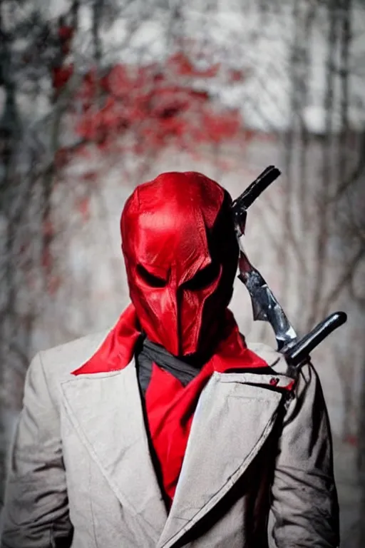 Image similar to red hood cosplay, creepy, disturbing, bloody