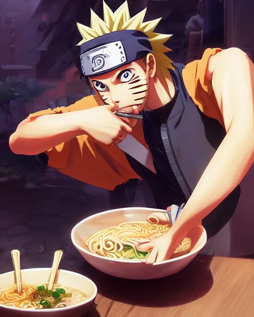 Image similar to naruto eating ramen, medium shot, visible face, detailed, perfectly shaded, perfectly shaded face, atmospheric lighting, by makoto shinkai, stanley artgerm lau, wlop, rossdraws