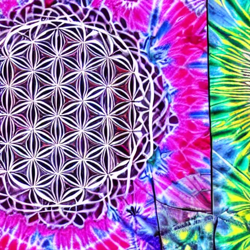 Image similar to ' flower of life'geometry drawing in boho tie dye endpaper style - art