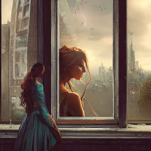 Prompt: window, eye, women, buildings, surprise, wlop, artgerm, greg rutkowski,