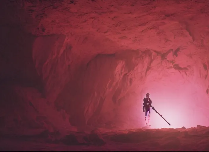 Prompt: detailed photo of Luke skywalker uncovering the secrets of the ancient jedi texts. a dark pink hazy ethereal cave from Indiana jones, screenshot from the 1983 film, Photographed with Leica Summilux-M 24 mm lens, ISO 100, f/8, Portra 400