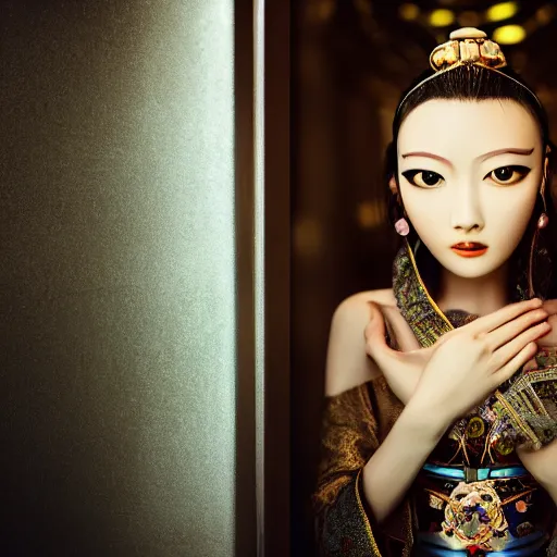 Image similar to closeup photo of beautiful realistic Chinese ancient princess standing in the corridor in the space ship, attractive symmetrical face, big eyes and lips, subtle makeup, clean face and body skin,ecstatic face expression, ornamental jewelry and ancient translucent clothes, futuristic space ship interrior, wires with lights,depth of field, lens flare, moody lighting, moody photography, old photo, black and white, sepia, cinematic lighting, cinematic angle, editorial photography