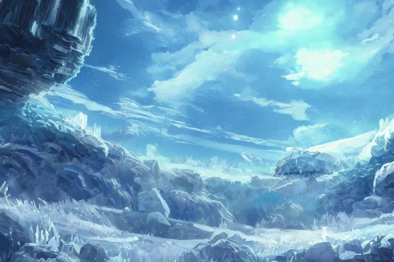 Image similar to blue themed ice crystal landscape, meteor shower, epic, miyazaki style, cinematic, indie, highly detailed, featured on artstation, highly detailed, abstract