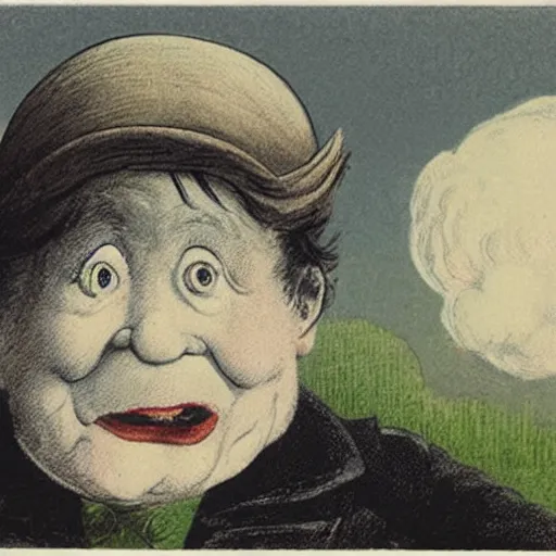 Image similar to candid portrait of white ball human face hybrid in the sky with face smiling eyes closed, mouth open, surrounded by clouds, illustrated by peggy fortnum and beatrix potter and sir john tenniel