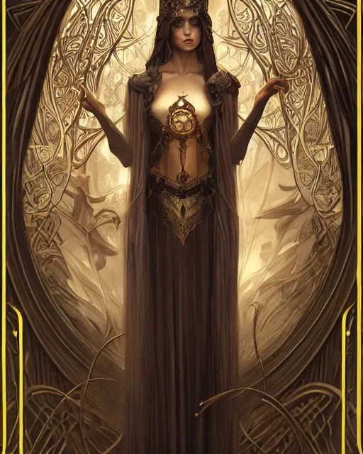 Image similar to tarot card, high priestess, Art nouveau, intricate, elegant, highly detailed, concept art, sharp focus, beautiful face, by bastien deharme, Brom, trending on Artstation