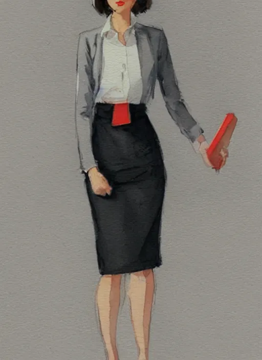 Prompt: concept art of a modern office life, young attractive business woman, pencil miniskirt, pinterest, artstation trending, behance, watercolor, by coby whitmore, silver, laser light,