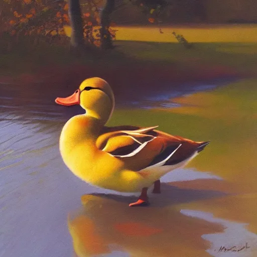 Prompt: a duck on the prowl oil painting pavlo makov